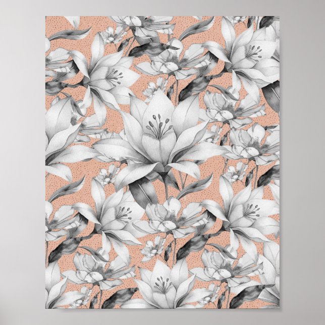 Botanische Schwarz-weiße Rose Gold Glitzer Blume Poster (Vorne)