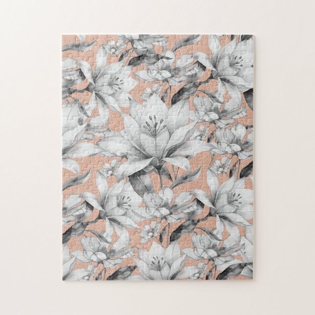 Botanische Schwarz-weiße Rose Gold Glitzer Blume Puzzle (Vertikal)
