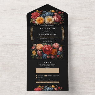 Botanische Schwarze Florale Düstere Vintage-Hochze All In One Einladung