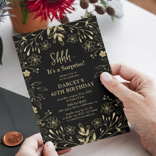 Botanische schwarze und goldene Überraschungsparty Einladung