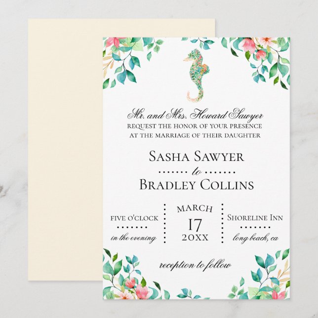 Botanische Seepferd-Hochzeits-Einladung Einladung (Vorne/Hinten)