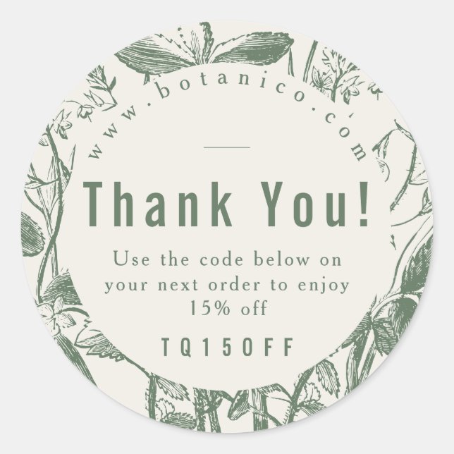 Botanische Seite Grün Vielen Dank Coupon Code Runder Aufkleber (Vorderseite)