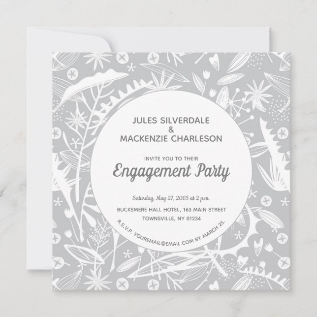 Botanische Silber-Graue-Muster-Engagement-Partei Einladung (Vorderseite)