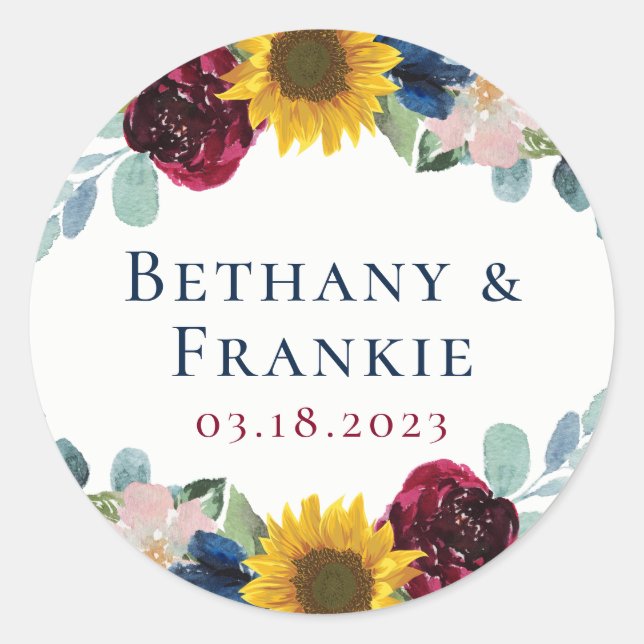 Botanische Sonnenblumenblume Gastgeschenk Hochzeit Runder Aufkleber (Vorderseite)