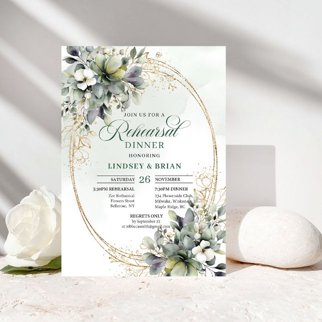 Botanische Staubgrüne Probe-Dinner-Einladung Einladung (Botanical Dusty Green Rehearsal Dinner Invitation)