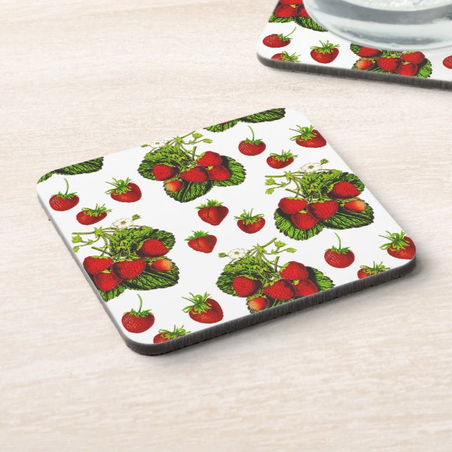 Botanische Strawberry Illustration Print on White Getränkeuntersetzer (Linke Seite)