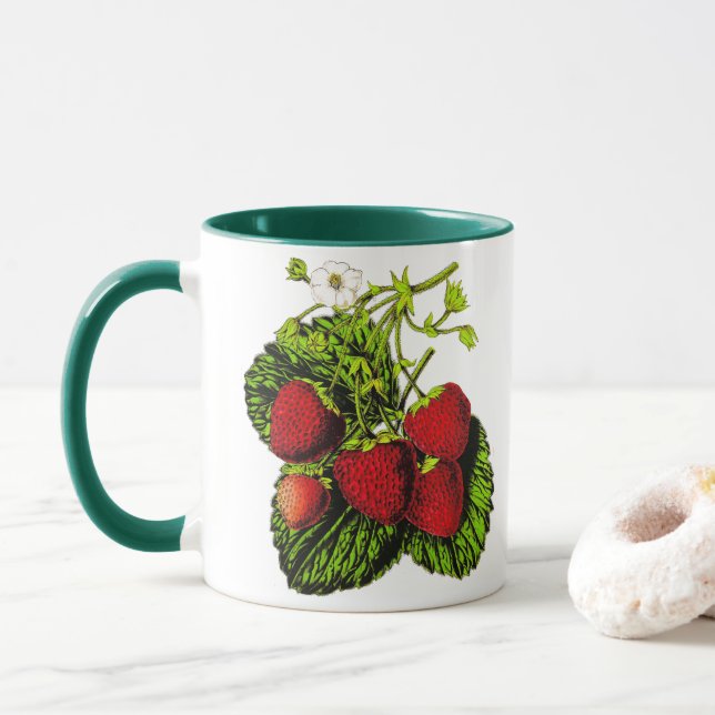 Botanische Strawberry Illustration Print on White Tasse (Mit Donut)