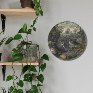 Botanische Szene blauer Krane am Fluss Dartscheibe