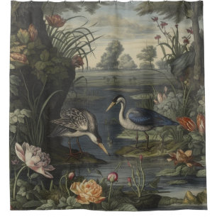 Botanische Szene blauer Krane am Fluss Duschvorhang