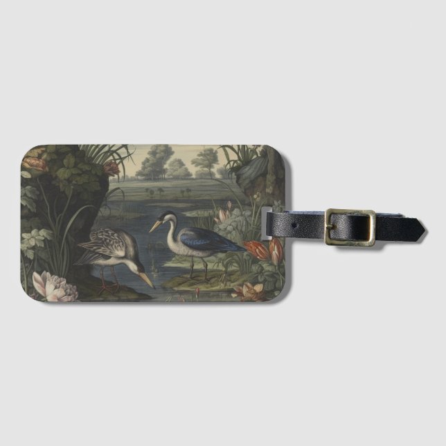 Botanische Szene blauer Krane am Fluss Gepäckanhänger (Vorderseite (Horizontal))