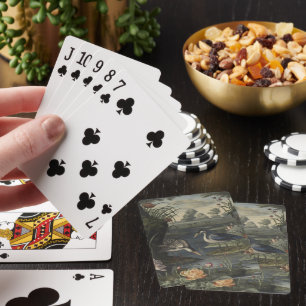 Botanische Szene blauer Krane am Fluss Spielkarten