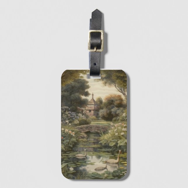 Botanische Szene von Schwänen in einem englischen  Gepäckanhänger (Vorderseite Vertikal)