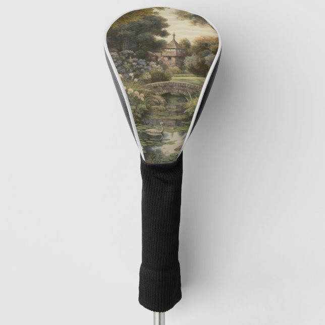 Botanische Szene von Schwänen in einem englischen  Golf Headcover (Vorderseite)