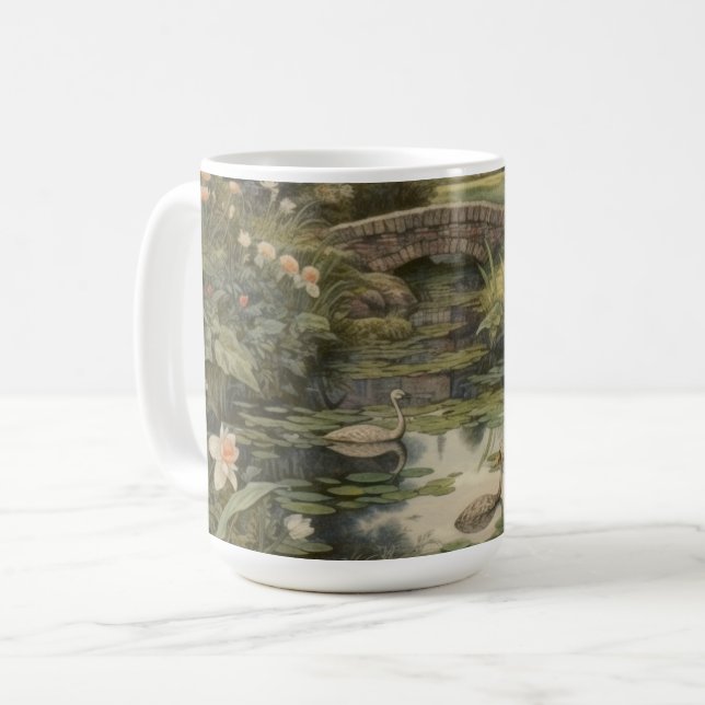 Botanische Szene von Schwänen in einem englischen  Kaffeetasse (Vorderseite Links)