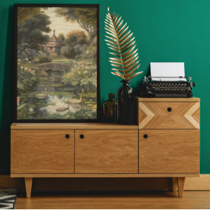 Botanische Szene von Schwänen in einem englischen  Poster