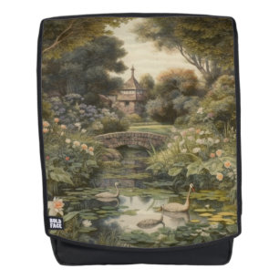 Botanische Szene von Schwänen in einem englischen Rucksack