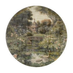 Botanische Szene von Schwänen in einem englischen Schneidebrett