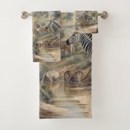Botanische Szene von Zebras in einer Oase Badhandtuch Set