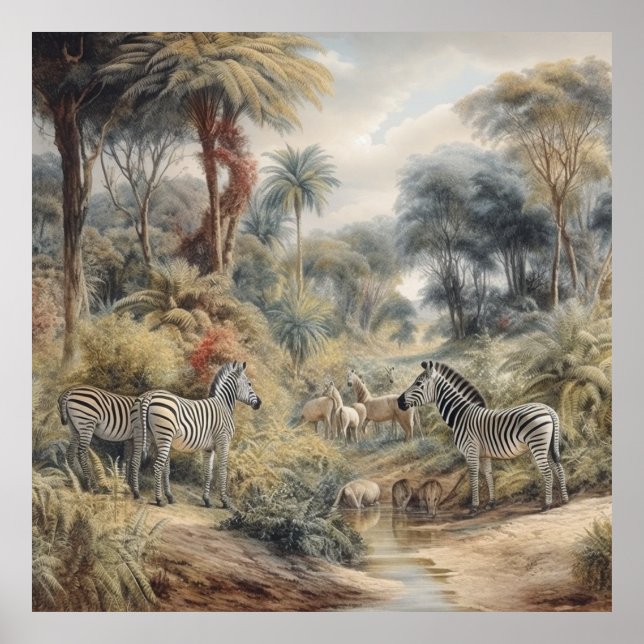 Botanische Szene von Zebras in einer Oase Poster (Vorne)