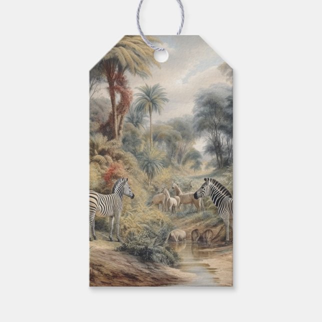 Botanische Szene von Zebras und Löwen in einer Oas Geschenkanhänger (Vorderseite)