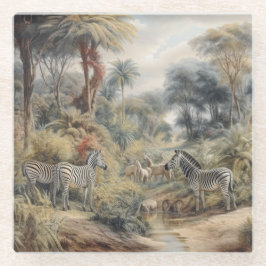 Botanische Szene von Zebras und Löwen in einer Oas Glasuntersetzer