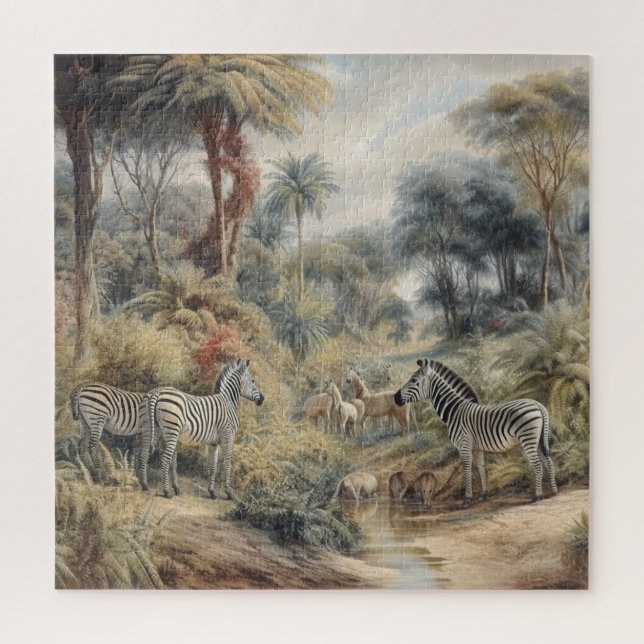 Botanische Szene von Zebras und Löwen in einer Oas Puzzle (Vertikal)