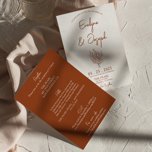 Botanische Terracotta-Flora auf einer Hochzeit Einladung (Von Creator hochgeladen)