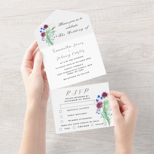 Botanische Thistle Einfache Hochzeit der Flora All In One Einladung (Abreißen)