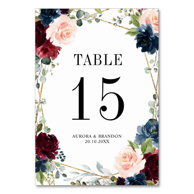 Botanische Tischnummer Navy Blue Blush Pink Rose (Vorderseite)