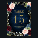 Botanische Tischnummer Navy Blue Blush Pink Rose<br><div class="desc">Elegante und moderne romantische geometrische Aquarell Blumen Hochzeitskarte mit einer schönen Bordeaux / Marsala , rot rosa, pfirsichfarben , marineblau Aquarell Rose mit passendem Blattwerk auf marineblau rustikalem Holzhintergrund und Goldrahmen. Ideal für einen Herbst / Hochzeitsmitte. Weitere passende Designs und Variationen finden Sie in meinem "Blitzweddingpaperie" Shop. Und zögern Sie...</div>