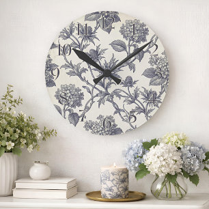 Botanische Toile   Hortensie & Stranddistel Runde Wanduhr