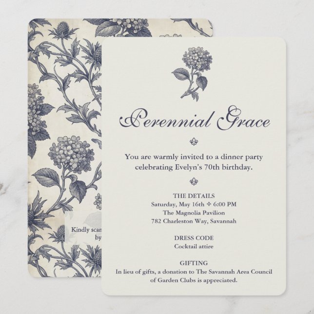 Botanische Toile Hydrangea Stranddistel 70. Geburt Einladung (Vorne/Hinten)