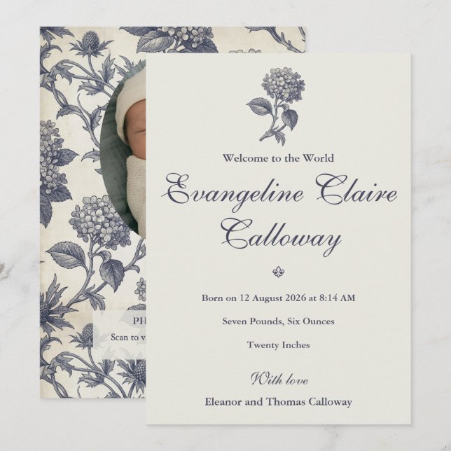 Botanische Toile Hydrangea & Stranddistel Foto Geb Ankündigung (Vorne/Hinten)
