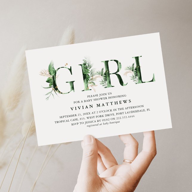Botanische Tropical Green & Gold GIRL Kinderdusche Einladung (Von Creator hochgeladen)