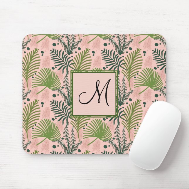 Botanische tropische Blätter Monogramm Pink Custom Mousepad (Mit Mouse)