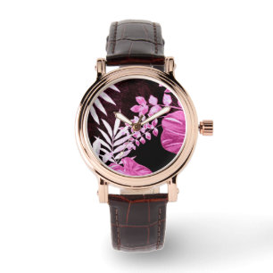Botanische tropische Blätter Palmfronten rosa Armbanduhr