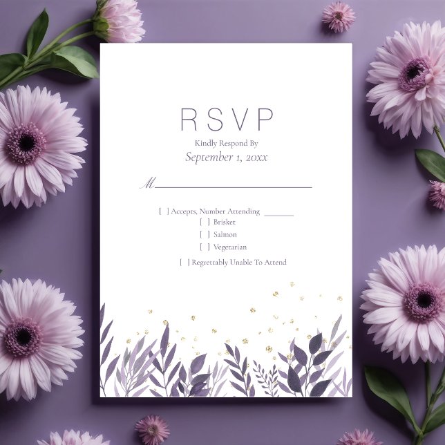Botanische UAWG Wedding mit lila Gold Glitzer RSVP Karte (Von Creator hochgeladen)