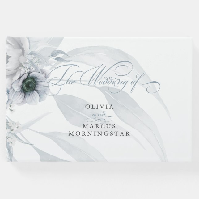 Botanische und florale Wasserfarbe in Dusty Blue Gästebuch (Vorderseite)