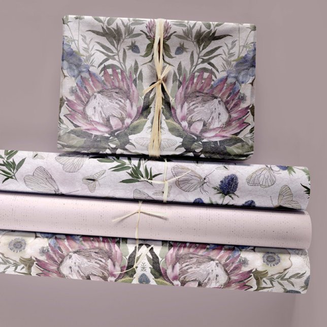 Botanische und Schmetterlingsdekouation Geschenkpapier Set (Elegant Romantic Botanical Floral And Butterfly Wrapping Paper Sheets from Studio Posies.)