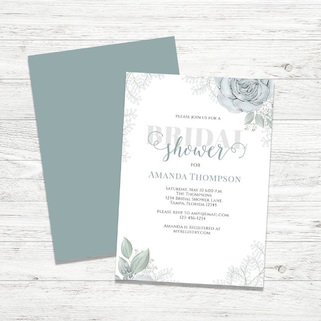 Botanische Vegetation Blume Blaue Rose Einladung (Bridal shower invitation with watercolor blue floral)