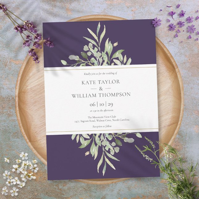 Botanische Vegetation Elegante Lila Hochzeit Einladung (Botanical Greenery Elegant Purple Wedding Invitation)