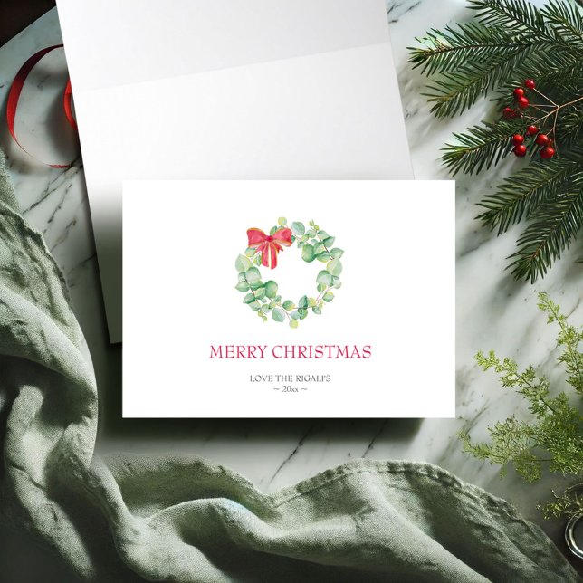 Botanische Vegetation Feiertagskarte (Folded Christmas card blank inside simple watercolor wreath in shades of red and green VG Invites)