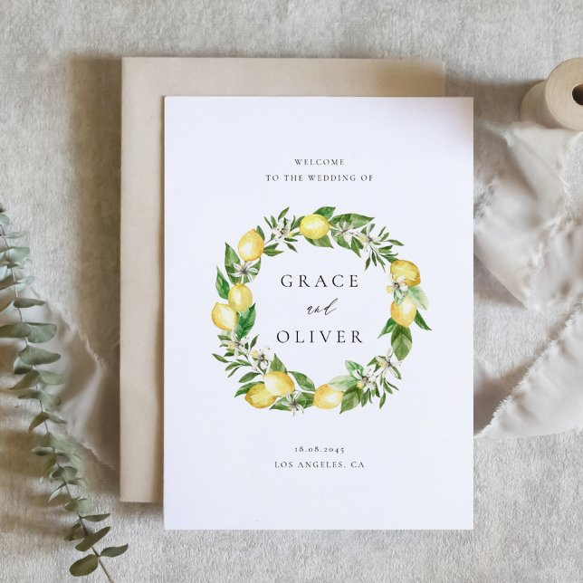 Botanische Vegetation mit Lemons Wedding Theme Programm (Customizable Folded Wedding Program with Watercolor Lemons, Blossoms & Greenery Wreath)