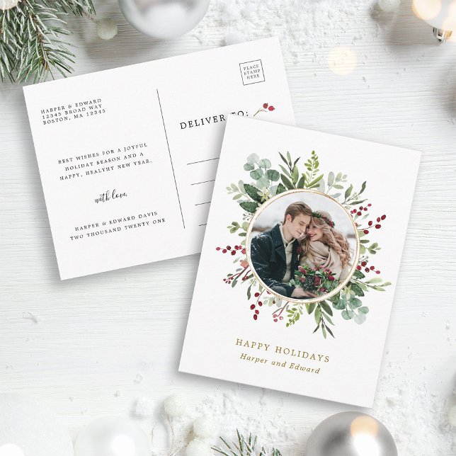 Botanische Vegetation Weihnachten Goldener Foto Ur Postkarte (Front & Back)