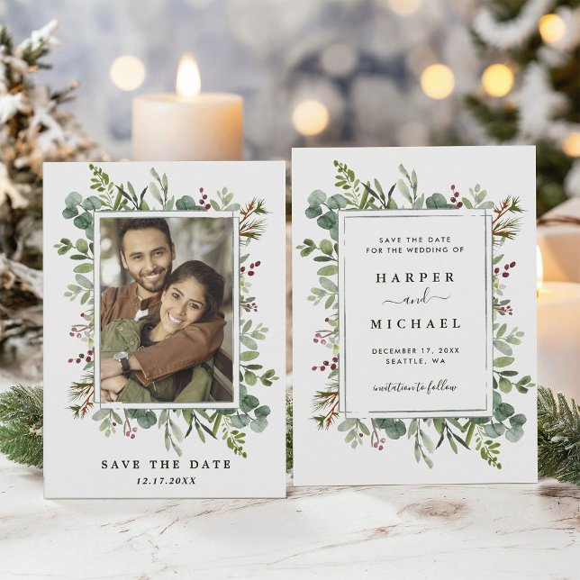 Botanische Vegetation Winter Wedding Foto Green Save The Date (Front & Back)