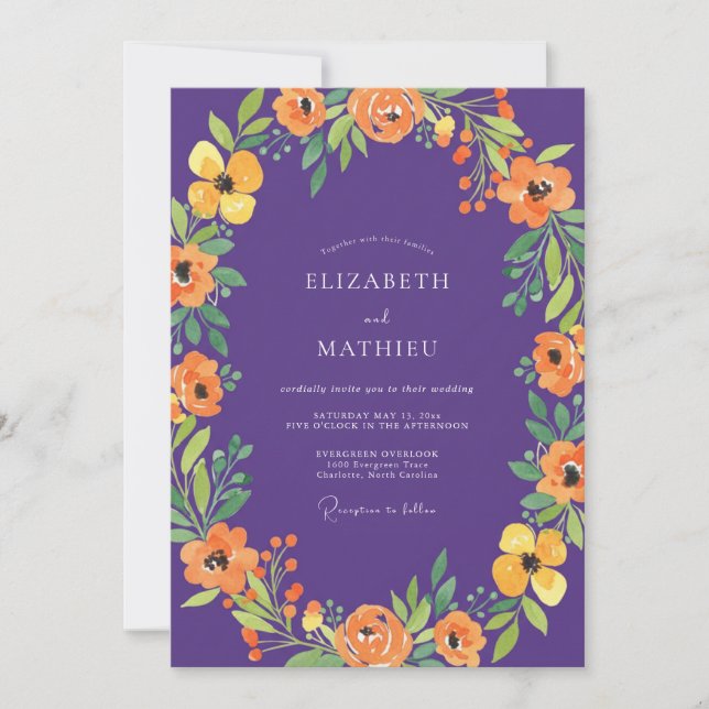 Botanische Veilchen Orange Mohn Hochzeit Einladung (Vorderseite)