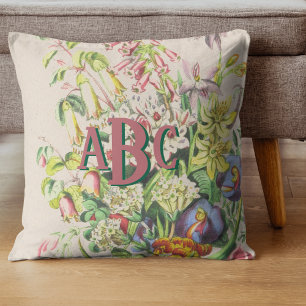 Botanische Vintage Monogramm-Blume Rosa und Grün Kissen