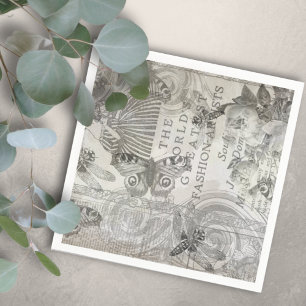 Botanische Vintage-Schmetterling-Schrift Schwarz u Serviette