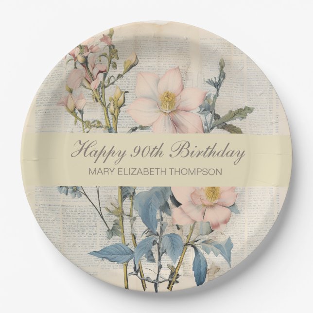 Botanische Vintaqe Wildblume 90. Geburtstag Pappteller (Vorderseite)