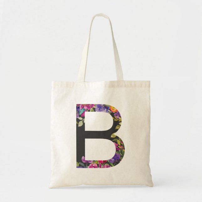Botanische violette Blüten Letter B Monogramm Tragetasche (Vorne)